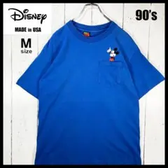 ディズニー ミッキーマウス 刺繍 90s Tシャツ USA製 古着 M ブルー