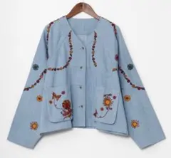 刺繍入りライトブルー長袖シャツジャケットのサムネイル