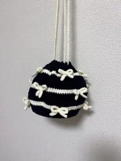 モノトーンリボン付き巾着ポシェットポーチ和装バッグ白黒編み物