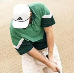 【adidas GOLF/アディダス】ツイストニット半袖ポロシャツ・グリーン系L