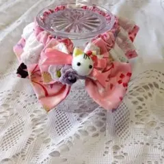 ピンクパッチワーク柄、ゆめかわ猫ちゃん、わんちゃんのシュシュ