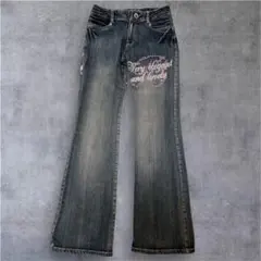 y2k ローライズ フレアデニム 平成ギャル グランジ ラメ ストーン英字装飾
