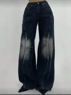 shien DAZYダメージ加工 ワイドレッグ ボタンジーンズ