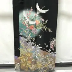 D967 黒留袖 花車 鶴 金彩 正絹 着物 袷 しつけ糸付き未使用極美品