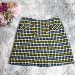 【fredy repit】チェック柄スカート 台形 38 青 緑 金ボタン