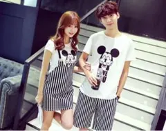 ミッキーマウス 半袖トップス ストライプ男女はペアルック上下４点セットのお値段