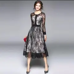 レースドレス ワンピース 黒 白 ベージュ パーティー 結婚式 二次会 春 夏