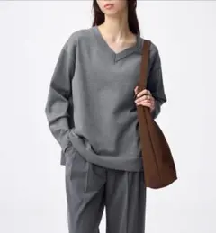 オーバーサイズVネックニットプルオーバーZ グレー 長袖 Sサイズ