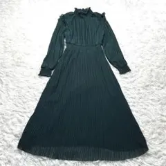 美品 ZARA プリーツロングワンピース ハイネック ダークグリーン Sサイズ