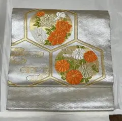 【最終価格】名古屋帯 開き名古屋 お太鼓柄 牡丹 菊 オレンジ 金糸 銀糸