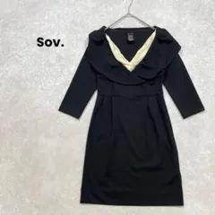 Sov. ビッグカラーワンピース　膝丈　黒　Ｖネック　綺麗め　上品　5分袖