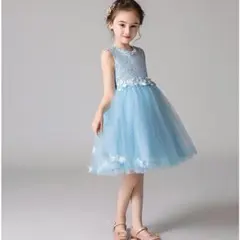 水色 花飾り付きドレス 140㎝　ピアノ発表会