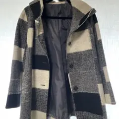 ウール混合フード付きチェックコート