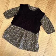 プティマイン　120cm　ケーブルニットベスト　花柄ワンピース　セット