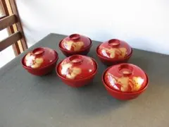 ☆　天然木　木製漆器　朱塗り　蓋付き汁椀　5客セット　昭和レトロ　☆