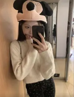 【美品】SHEIN オフホワイト クルーネック ニット　ショート丈「Lサイズ」