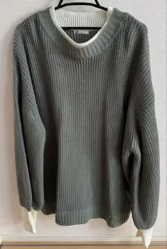 Java オリーブグリーン 重ね着風 リブ編み 長袖ニット XL