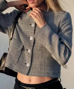 美品　ZARA 千鳥格子柄 ショート丈 ブレザー　グレー×黒　日本サイズS相当