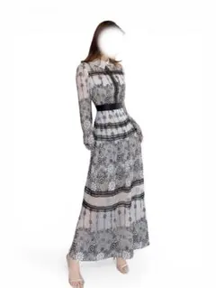 レース ロングワンピース ブラック ホワイト シアー 花柄 ウエストマーク 上品
