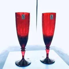 【LASKA ボヘミアグラス 】ペア ワイングラス　フルート チェコ製 赤