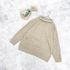 A3331◆ベージュタートルネック/ニットセーター/L/パターン編み/長袖