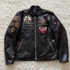 Lサイズ✨アヴィレックス 羊革 シングルライダース ワッペン 黒 レザー 革