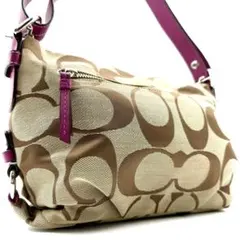 COACH　アクセサリーポーチ　2way 　ピンク　キャンバス　本革　ベージュ