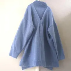 Lサイズ■IEDIT■フェリシモ　イディットVネック重ね着風ブルーニットセーター