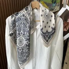 【新品】シルク100% ペイズリースカーフ 大判 65×65 ネイビー ショール