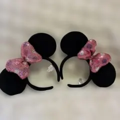 ディズニーリゾートミニーマウス　カチューシャ　スパンコール　ピンク　２点セット
