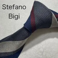 美品 stefano bigi シルク ホワイト ブルー ストライプ ネクタイ