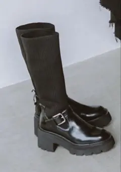 KARIN TAKUBO × LE TALON リブニットベルトブーツ　ブラック