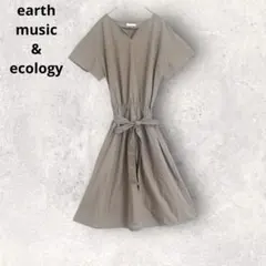 アースミュージック＆エコロジー　半袖シャツワンピース　ロング丈　綿混　リボン付き