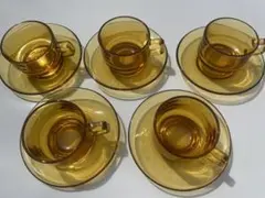 昭和レトロ アンバーガラス コーヒーカップ＆ソーサー 5客セット 飴色 琥珀色