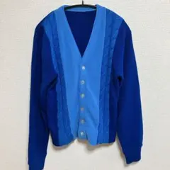 60s 良配色カーディガン　切替　青　ブルー