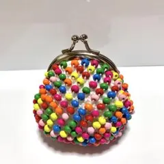 ハンドメイド カラフル ウッドビーズ がま口 ポーチ(ホワイト)