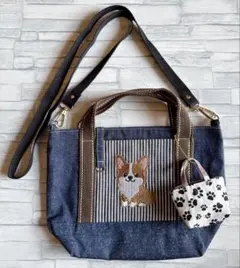 ハンドメイド　刺繍　コーギー　犬　うちの子　お散歩ショルダーバッグ　キーホルダー