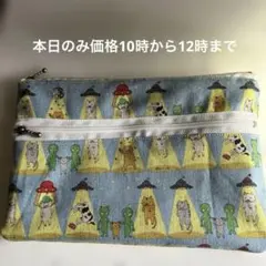 ダブルファスナー　フラットポーチ　UFO猫　ブルー