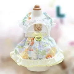 犬服 春色のクマさんとフリル付き花柄ドレス L　ブルー　新品