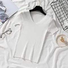 レディース　ニット　半袖　リブニット コンパクト Tシャツ 半袖