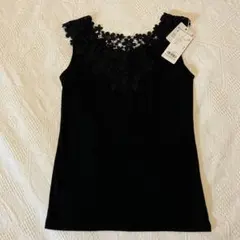 ブラック 花　レースタンクトップ M