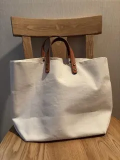 トートバッグ　布　持ち手皮　白