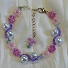 ハンドメイド パープルフラワー ビーズブレスレット