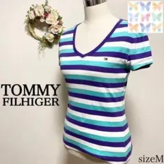 TOMMY HILFIGER マルチボーダーvネック半袖tシャツ