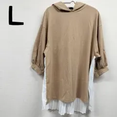 5分袖●フード付きチュニック● L●背面プリーツ風:透け感あり♡ベージュ●大きめ