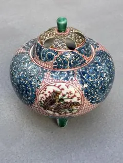 九谷焼 香炉 三つ足 色絵 金彩 花鳥文 唐草文 鳥絵 香道具 骨董