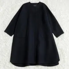 美品 SHIPS シップス ウールダブルフェイスノーカラーコート 38 ネイビー