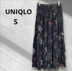◆ユニクロ イネス ツイストプリーツロングスカート　S ネイビー 花柄