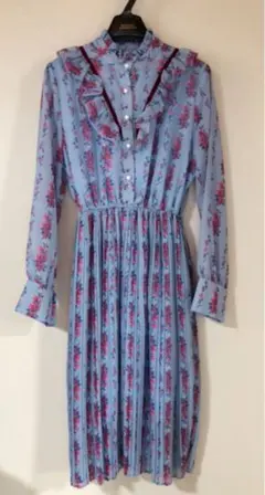 即購入可 ハイネック ワンピース フリルネック 総柄ワンピース レトロ 韓国