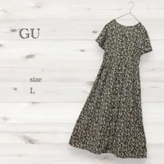 GU 花柄 半袖シャツワンピース L ロングワンピース ブラック イエロー